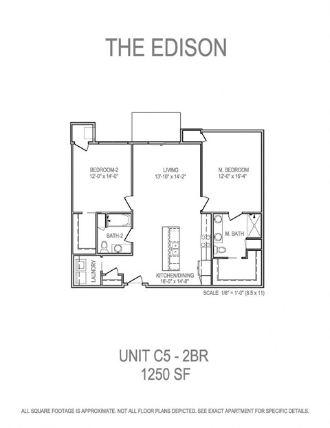 Floor plan for 2 beds, 2 baths, 1250 sqft